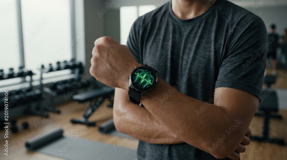 Fototapeta premium Cinematic medium shot focusing on a clear chest displaying an illuminated heartbeat line integrated into a sleek smartwatch interface surrounded by a shallow depth of field and