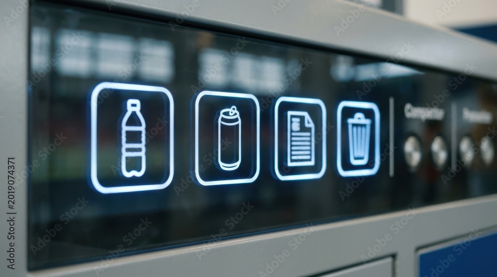 Fototapeta premium Focused medium shot of smart transparent waste stream icons with cool blue LED accents on a sleek stadium recycling dashboard adjacent labels and compactor controls gently blurred