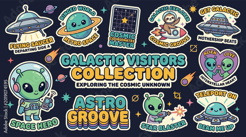 Φωτογραφία Galactic Visitors Kawaii Space Sticker Collection Alien UFO Planet Sloth Astrona
