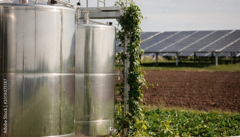 Fototapeta premium Close focus on polished silos at a modern ecotech biogas facility entwined with greenery softly blurring the surrounding solar panels and fertile farmland in the background.