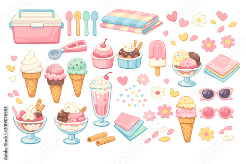 Sweet dessert items arranged on a white background with various ice cream treats and colorful accessories for a warm summer day