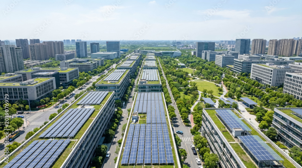 Fototapeta premium Aerial view of solar panels on green rooftops in modern urban environment