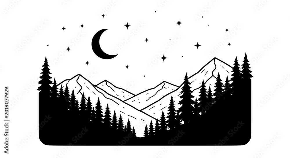 Obraz premium Minimalist mountain landscape silhouette with crescent moon and pine forest