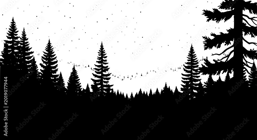 Obraz premium Silhouette of a pine forest under a starry sky vector illustration