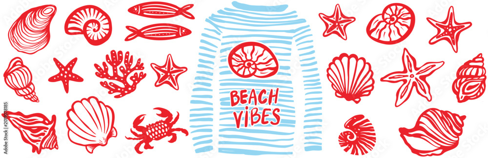 Obraz premium Hand drawn beach themed design elements and summer seaside decoration collection set