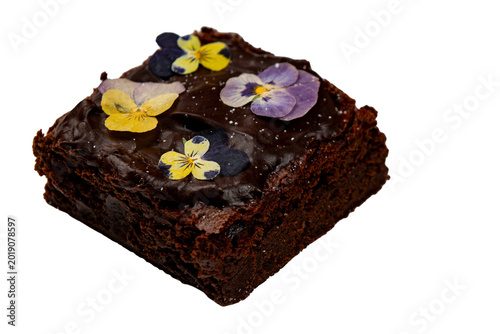 Foto Isolated chocolate iced brownie with edible flowers on top
