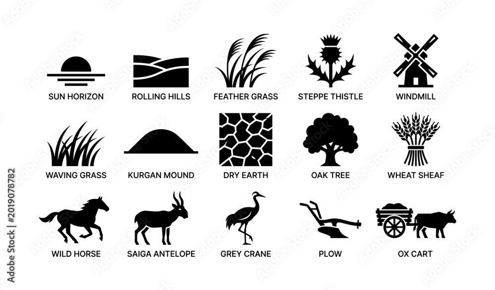 Fototapeta premium Rural landscape and wildlife icons arranged in a pictogram grid