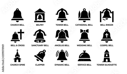 Church and bell icons representing various bell types in grid