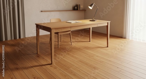 Warm wooden workspace with long desk, chair and task lamp on hardwood floor for rustic office background and interior styling