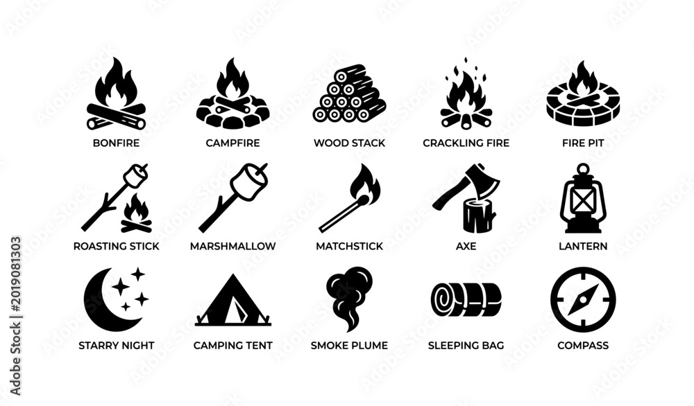 Fototapeta premium Camping icons showing campfire, tent and outdoor gear