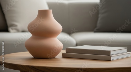 Terracotta shaped ceramic vase on wooden coffee table with stacked books and sofa backdrop for modern living room decor and tabletop styling