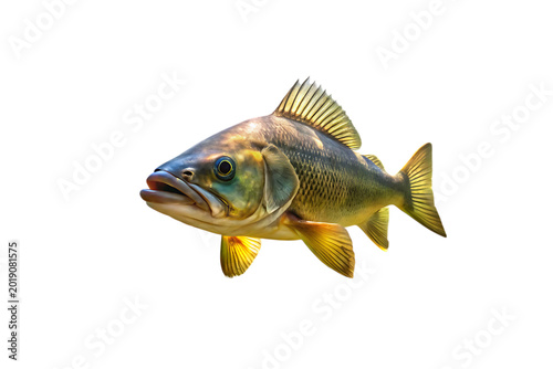 A vibrant freshwater fish with shimmering scales and translucent fins, swimming gracefully, showcasing its natural colors and detailed anatomy isolated on a transparent background