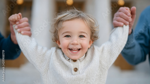 Joyful family celebration of milestone with child in white sweater embracing gratitude