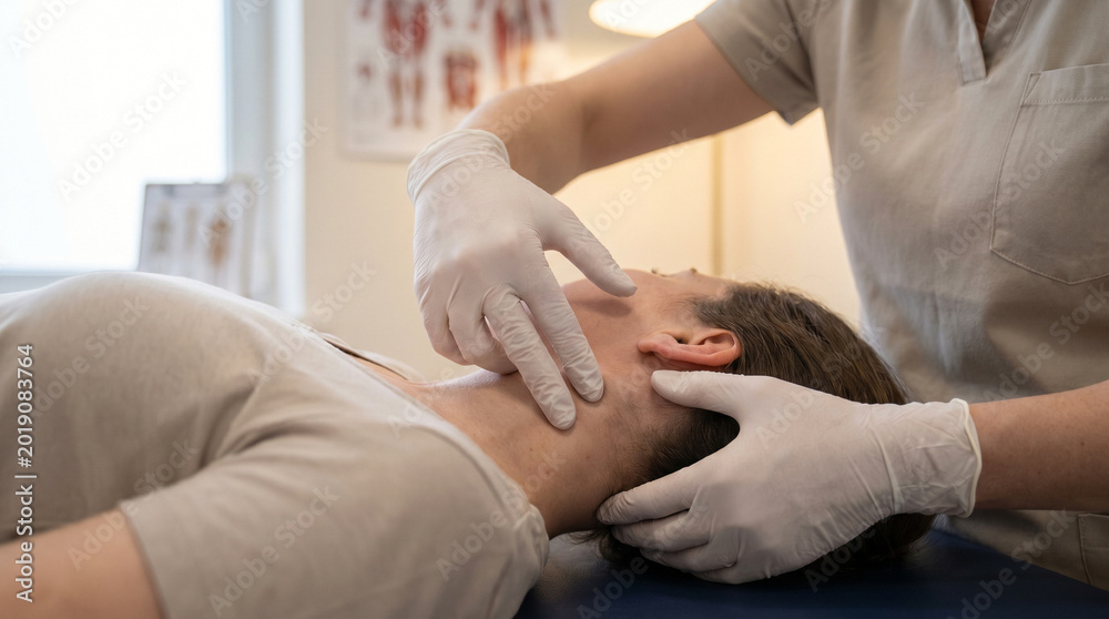 Fototapeta premium Professional physical therapist performing manual neck therapy treatment