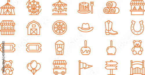 Fotografie Collection of orange line icons representing carnival fair amusement park attrac