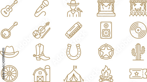 Quadro em tela Set of country music icons featuring instruments and western elements in a simpl