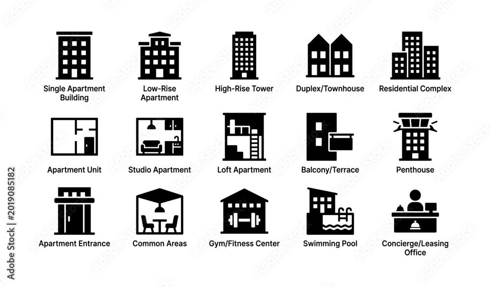 Fototapeta premium Apartment and housing icons showing building types on white