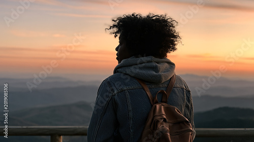 Serene Mountain Sunset: Person Admiring Layered Peaks, Soft Sky, and Wooden Rail in Peaceful Reflection