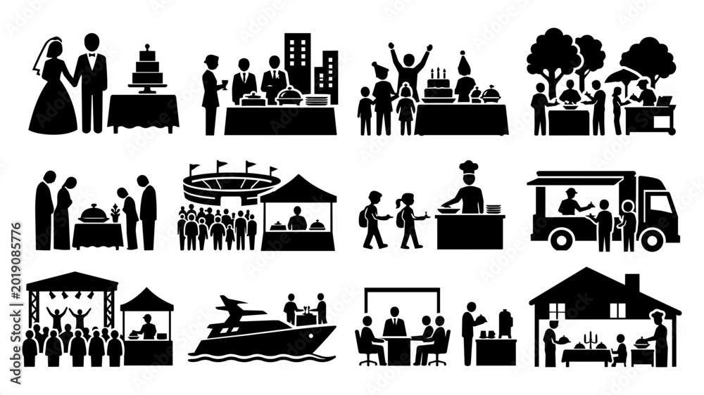 Obraz premium Catering Event and Celebration Silhouette Icons Set