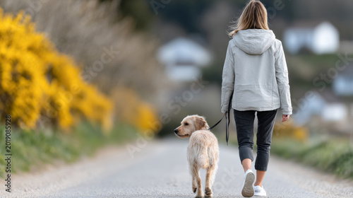 Peaceful spring morning stroll with dog in a picturesque neighborhood