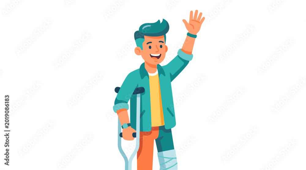 Fototapeta premium Healing Journey: A resilient person, embracing recovery with a wave, crutch in hand, symbolizing hope and fortitude after injury.