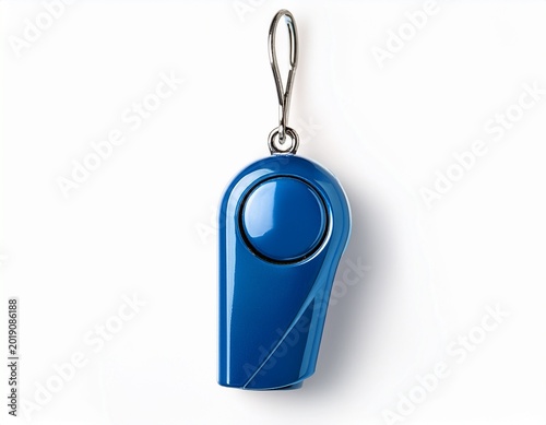 hanging blue metal whistle with a glossy finish and a small loop for attaching to a lanyard or keychain isolated on a white background