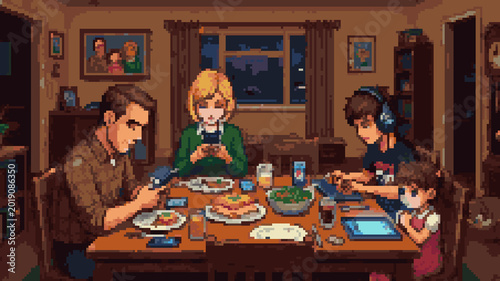 Fotografía Pixel art of a family having dinner while everyone is distracted by smartphones
