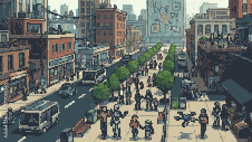 Принти на полотні Pixel art of a futuristic city street with people, robots and drones living toge