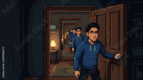 Photos Pixel art of a man opening a door to find an infinite hallway of identical doors