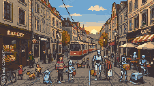 Quadro su tela Pixel art of a futuristic European street where humans and robots coexist with a