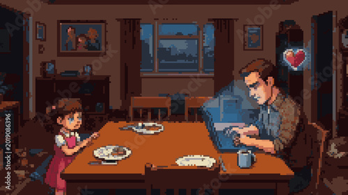 Schilderij op canvas Pixel art of a lonely young girl sitting at a dinner table while her father is d