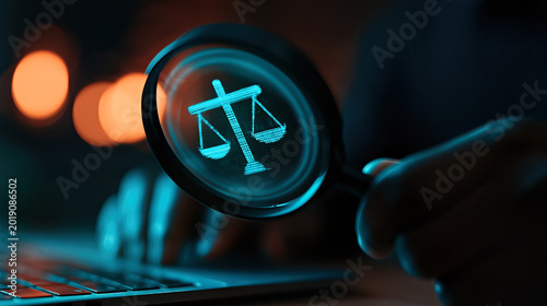 Modern Justice Concept: Magnifying Glass with Digital Scales Symbol Over Laptop in Dark Room with Blue and Orange Glow