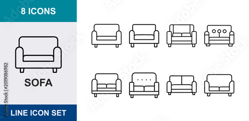 Schilderij op canvas 8 Sofa Line Icons Set, Furniture Vector Graphics, Modern Home Decor Elements
