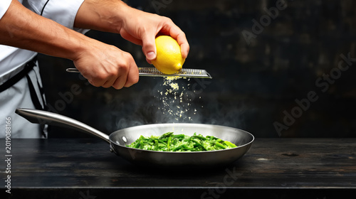 Male chef grating lemon zest over sizzling green beans in pan