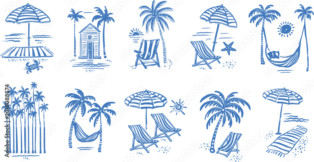 Fototapeta premium Hand drawn beach vacation scene collection with palm tree hammock and seaside furniture