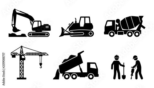 Fotografi Construction Equipment Icons Set, Heavy Machinery Vector Graphics, Building Indu