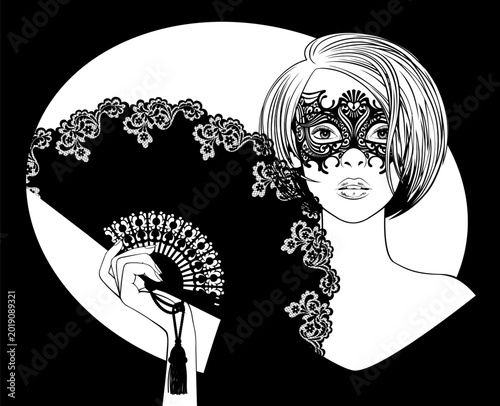 Blonde girl in carnival Venetian mask and holding in her hand open black vintage fan. Vector illustration in vintage black and white engraving and line art style.