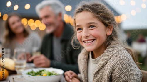 Family enjoying outdoor spring evening meal together