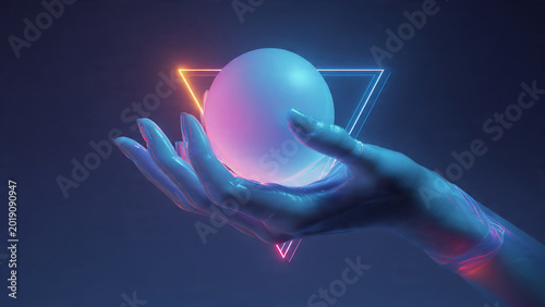 Futuristic neon-lit hand holding a glowing orb with geometric triangle, vibrant blue pink purple lighting, cyberpunk concept for technology.