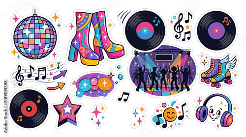 Colorful disco stickers with music and dance themed icons