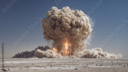 Massive fiery explosion with towering mushroom cloud and billowing smoke over barren desert landscape, concept for action movie promotion, disaster.