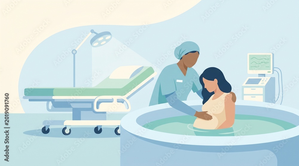 Obraz premium Vector illustration of a pregnant woman having a water birth with a midwife in a clinic