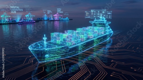 Futuristic Digital Cargo Ship with Holographic Data Overlays and Smart Logistics Technology in Global Shipping Port