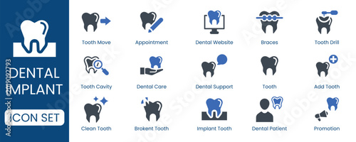 Dental Implant and Dental Treatment solid icon set. Containing treatment, dental care, online, and dental patient, broken teeth, appointment, solid vector icons