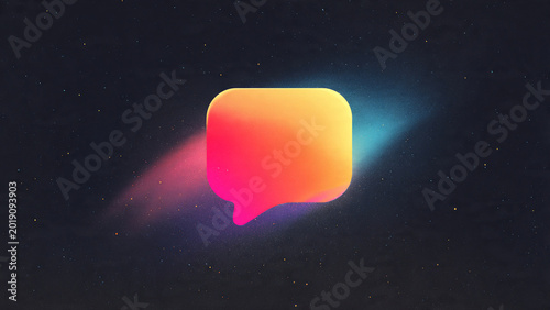 Vibrant gradient speech bubble icon glowing pink to yellow on dark starry space background, 3D render, concept for messaging app, social media and.
