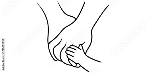 Bild auf Leinwand Adult hand holding a small baby hand in a simple line art drawing representing p