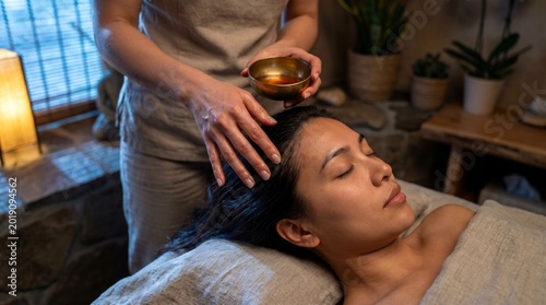 Woman receiving a relaxing head massage with a singing bowl in a spa