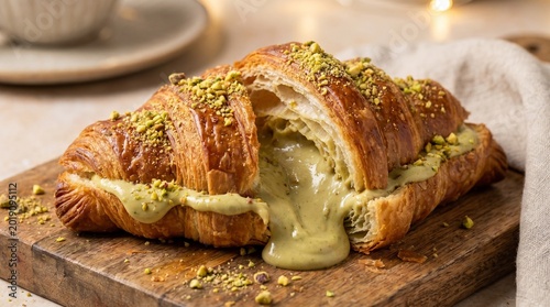 Pistachio croissant with flaky pastry, creamy pistachio filling and crushed nuts in premium bakery styling. Isolated on White background