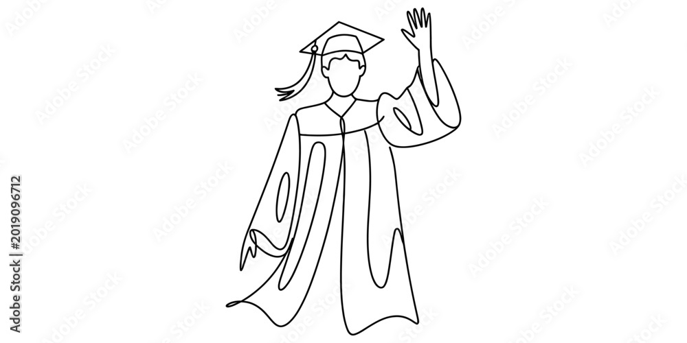Fototapeta premium Continuous single line drawing of a happy graduate student wearing a graduation gown and cap waving hand in celebration of academic success