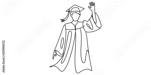 Continuous single line drawing of a happy graduate student wearing a graduation gown and cap waving hand in celebration of academic success